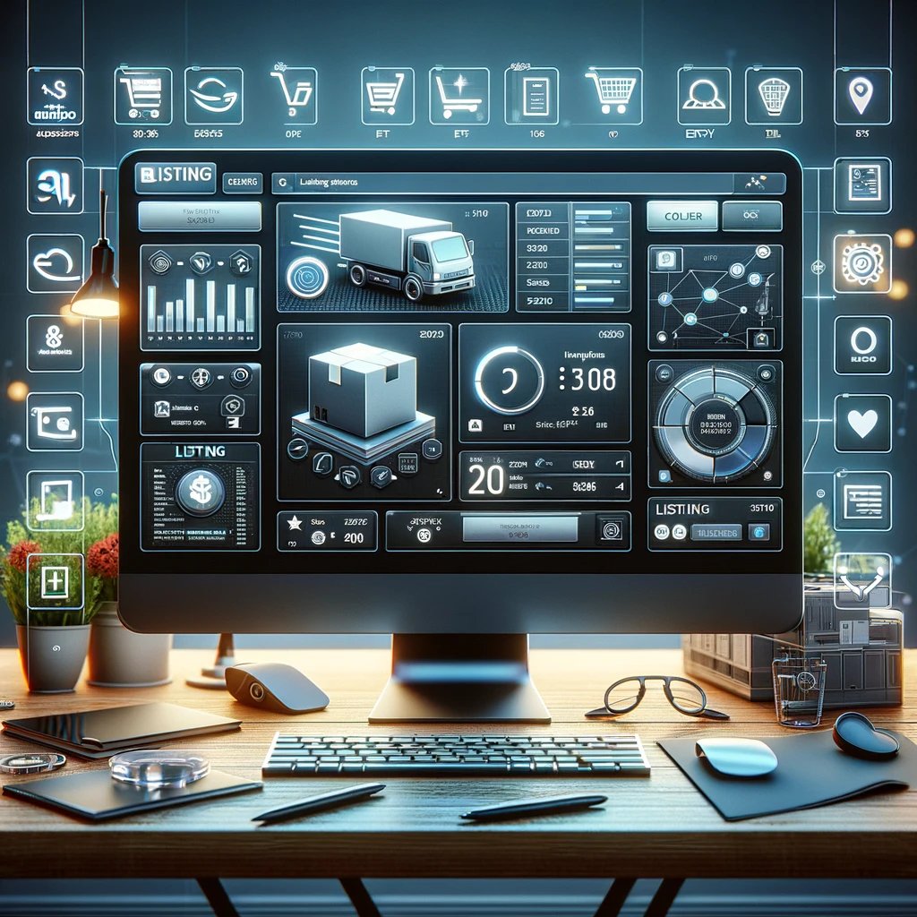 DALL-E 2024-05-02 16.13.36 - Een afbeelding van een digitale werkruimte met een computerscherm waarop een e-commerce website te zien is. Het computerscherm toont een gebruikersinterface van listing s